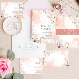 Wedding Invitation Template, Peach Watercolor Floral Wedding Invitations Set, Editable Template Wedding Invite