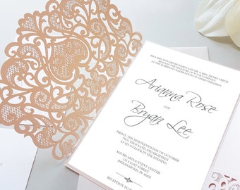 Blush Laser Cut Wedding Invitation Suite, Elegant Pocket Wedding Invitation Set, Lasercut Pocket Invites, Luxury Invitations