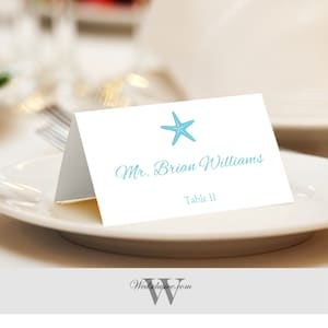 Tarjetas de boda, conchas marinas, estrellas de mar, tarjetas de nombre de boda en la playa, tienda o piso - juego de 12