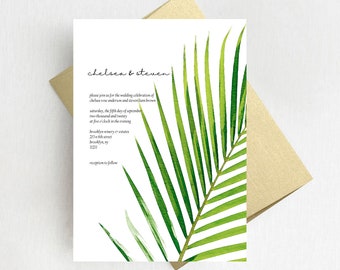 Minimalist Tropical Palm Tree Leaves Wedding Invitation Suite, Modern Greenery Wedding Invitations Set, Printed Invites