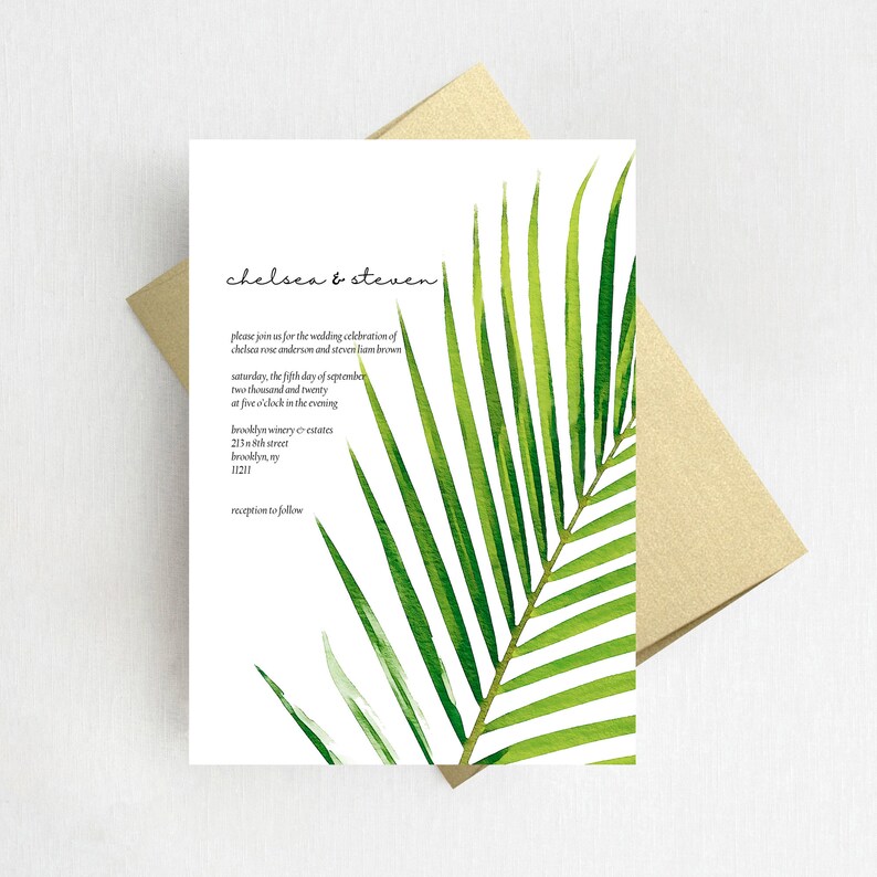 Minimalist Tropical Palm Tree Leaves Wedding Invitation Suite, Modern Greenery Wedding Invitations Set, Printed Invites image 1