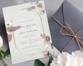 Vintage Dusty Rose Botanical Wedding Invitation Template, Boho Pink Floral Wedding Invitations, Editable Template Wedding Invite