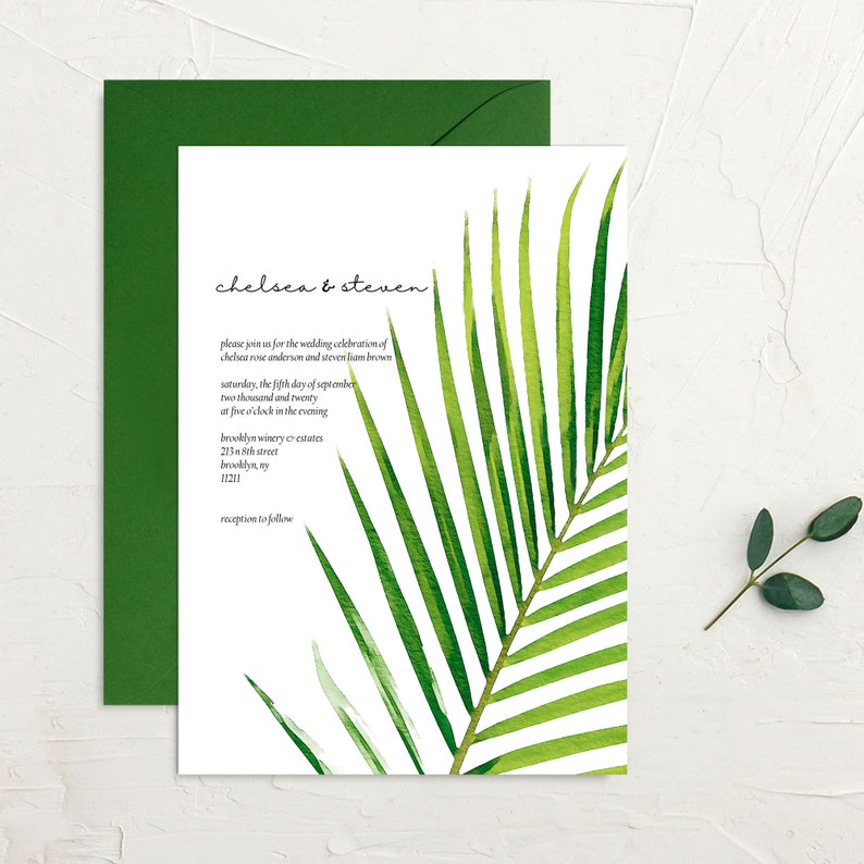 Minimalist Tropical Palm Tree Leaves Wedding Invitation Suite, Modern Greenery Wedding Invitations Set, Printed Invites image 4