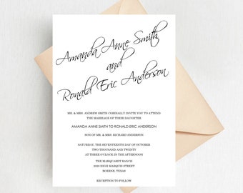 Elegant Calligraphy Script Wedding Invitation Suite, Simple Romantic Invitation Set, Printed Invitations