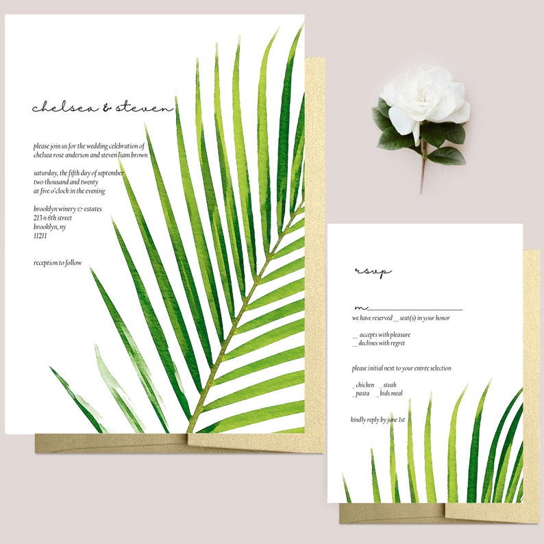 Minimalist Tropical Palm Tree Leaves Wedding Invitation Suite, Modern Greenery Wedding Invitations Set, Printed Invites image 3