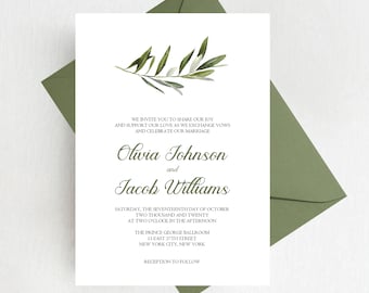 Puede incluir: Una invitación de boda blanca con una ilustración de rama de olivo verde. La invitación dice "We invite you to share our joy and support our love as we exchange vows and celebrate our marriage. Olivia Johnson and Jacob Williams. Saturday, the seventeenth day of October two thousand and twenty at two o'clock in the afternoon. The Prince George Ballroom 15 East 27th Street New York City, New York. Reception to follow."