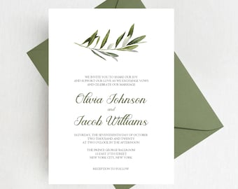 Elegant Olive Watercolor Greenery Wedding Invitation Suite, Simple Wedding Invitations,  Greenery Invites, Printed Invitation Set