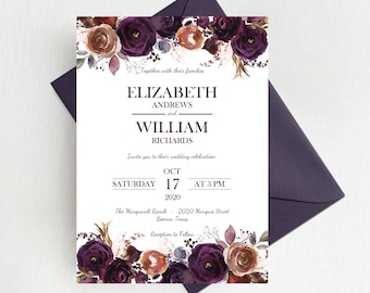 Merlot and Plum Watercolor Florals Wedding Invitation Suite, Rustic Autumn Floral Invitations, Printed Invites