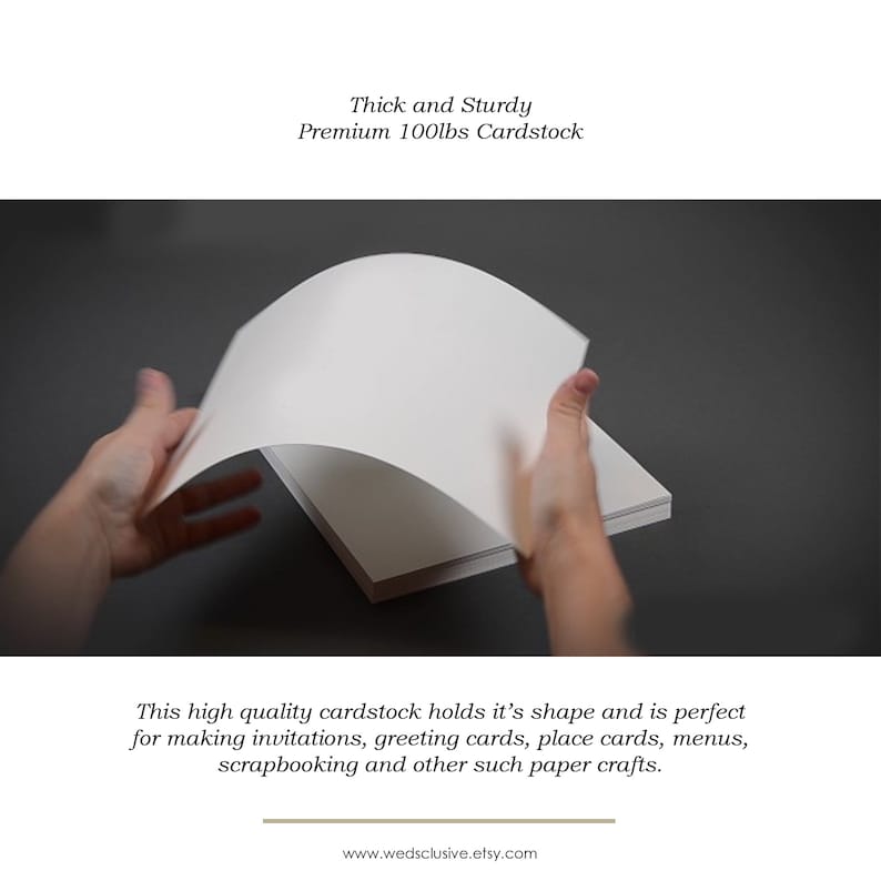 May include: A close-up of a hand holding a sheet of white 100lb cardstock. The cardstock is thick and sturdy, and it is perfect for making invitations, greeting cards, place cards, menus, scrapbooking, and other paper crafts.