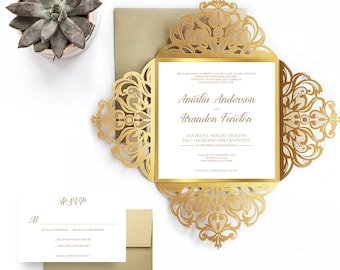 Gold Laser Cut Wedding Invitations, Luxurious Champagne Gold Invitations, Elegant Wedding Invitation Set - Other Colors Available