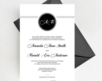 Classy Monogram Wedding Invitation Suite, Chich Black Wedding Invitation Set,  Monogram Invites, Printed Invitation Set
