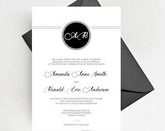 Classy Monogram Wedding Invitation Suite, Chich Black Wedding Invitation Set,  Monogram Invites, Printed Invitation Set