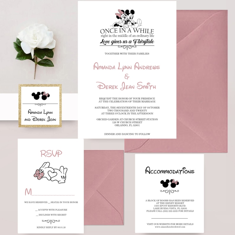 Mickey and Minnie Mouse Wedding Invitations, Mickey and Minnie Invite, Disney Invitation, Fairytale Wedding, Dusty Rose Invites immagine 3