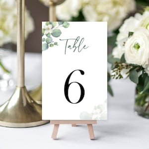 Números de mesa de casamento, cartões elegantes de número de mesa de vegetação de eucalipto, números de mesa impressos, decoração de mesa de casamento