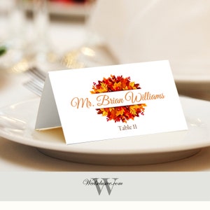 Tarjetas de lugar de boda, hojas de otoño, bodas de otoño, tiendas de campaña o planas - Conjunto de 12