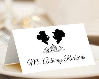 Disney Couple Place Cards, Disney Wedding Name Cards, Elegant Wedding Escort Cards, Disney Weddings, Tented or Flat - Set of 12