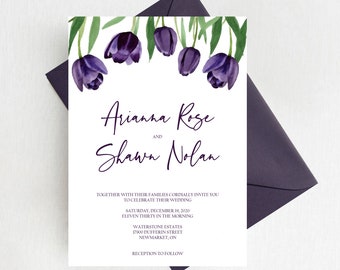 Eggplant and Lavender Watercolor Florals Wedding Invitation Suite, Elegant Purple Floral and Greenery Invitations, Printed Invites