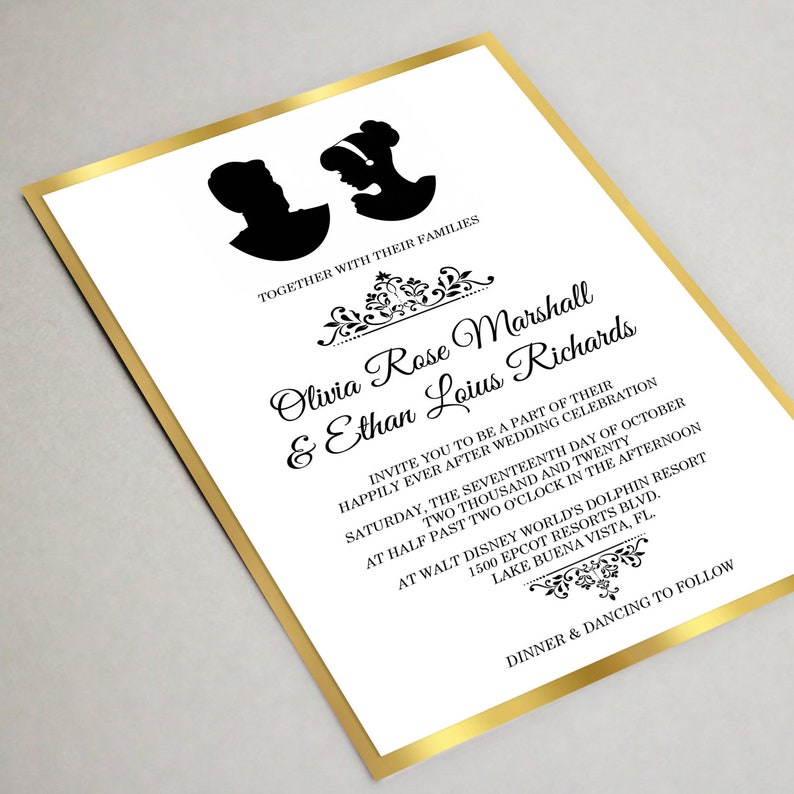 Disney Wedding Invitations, Elegant Gold Foil Invites, Disney Couple Silhouette Invite image 2