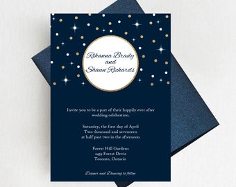 Navy and Gold Glitter Wedding Invitation Set, Elegant Starry Night Wedding Invitation Suite, Moonlight Invites, Printed Invitation - DEPOSIT
