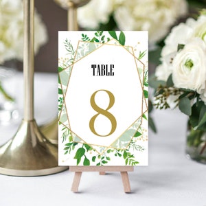 Numéros de table de mariage, cartes de numéros de table géométriques verdoyantes et dorées, numéros de table imprimés, décor de table de mariage