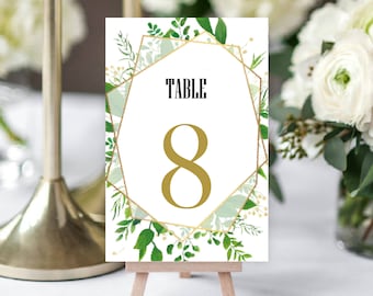 Wedding Table Numbers, Greenery and Gold Geometric Table Number Cards, Printed Table Numbers, Wedding Table Decor