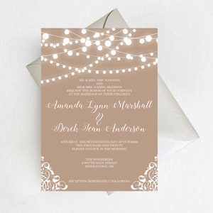 Rustic String Lights Wedding Invitation Suite, Burlap Country Lace Wedding Invitation Set, Romantic Invites, Printed Invitations