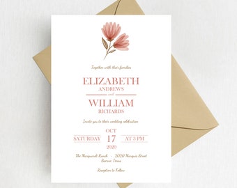 May include: A wedding invitation with a floral design in shades of pink and brown. The invitation includes the names Elizabeth Andrews and William Richards, along with the date, time, and location of the wedding. The invitation is placed on a brown envelope.