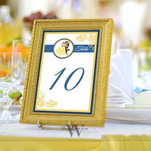 La Belle et la Bête Numéros de Table, Cartes de Table de Mariage Disney, Jaune et Marine, Mariage Belle et Bête