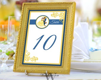 Beauty and the Beast Table Numbers, Disney Wedding Table Cards, Yellow and Navy, Belle and Beast Wedding