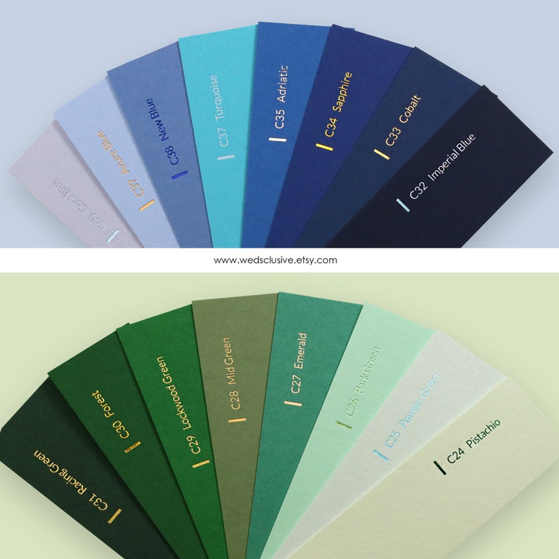 May include: A color chart of 12 different shades of green and blue paper samples. The paper samples are arranged in a semi-circle with the darkest shade at the bottom and the lightest shade at the top. The color names are printed in gold on each sample. The website address "www.wedsclusive.etsy.com" is printed at the bottom of the image.