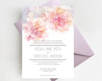 Romantic Blush Watercolor Floral Wedding Invitation Suite, Blush Lavender and Peach Peony Invitation Set, Printed Invitations