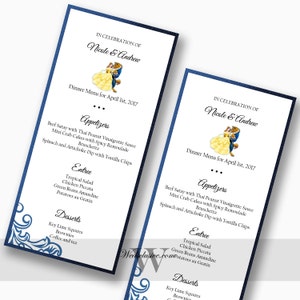 Menus de mariage de La Belle et la Bête, menus de réception, mariages Disney - Lot de 10