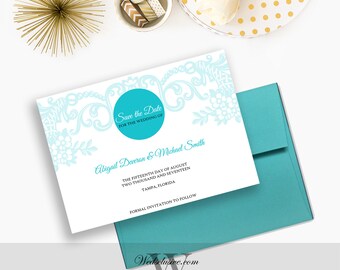 Aqua Save the Dates, Beach Wedding Announcements, Turquoise Save the Dates, Monogram Invites, Modern Save the Dates