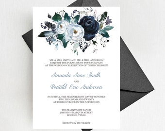 Navy and Grey Watercolor Floral Wedding Invitation Suite, Elegant Navy Boho Wedding Invitations, Printed Invites