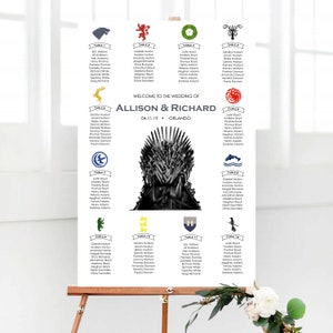 Könnte beinhalten: Ein Hochzeitssitzplan mit Game of Thrones-Thema. Der Plan zeigt einen schwarzen Eisernen Thron vor weißem Hintergrund. Der Plan ist in 12 Tische unterteilt, jeder mit einem anderen Hauswappen aus der Serie. Die Tische sind mit Nummern gekennzeichnet und die Namen der Gäste sind unter jedem Tisch aufgelistet.