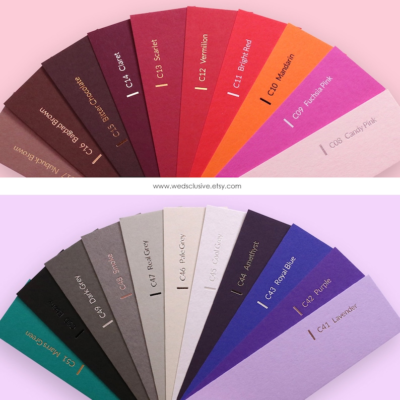 May include: A color chart with 18 different paper colors, each labeled with a color name and a code. The colors range from deep brown to light pink, with shades of gray, blue, and purple in between. The chart is arranged in a fan shape, with the darkest colors at the top and the lightest colors at the bottom.