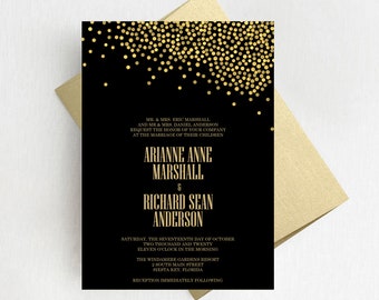 Black and Gold Confetti Wedding Invitation Suite, Elegant Black Wedding Invitation Set, Gold Glitter Invites - DEPOSIT