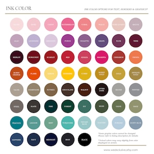 May include: A chart displaying 60 ink colour options for text, borders, and graphics. The colours are arranged in rows and columns, with each colour represented by a circle. The colours include shades of red, orange, yellow, green, blue, purple, pink, brown, and grey.