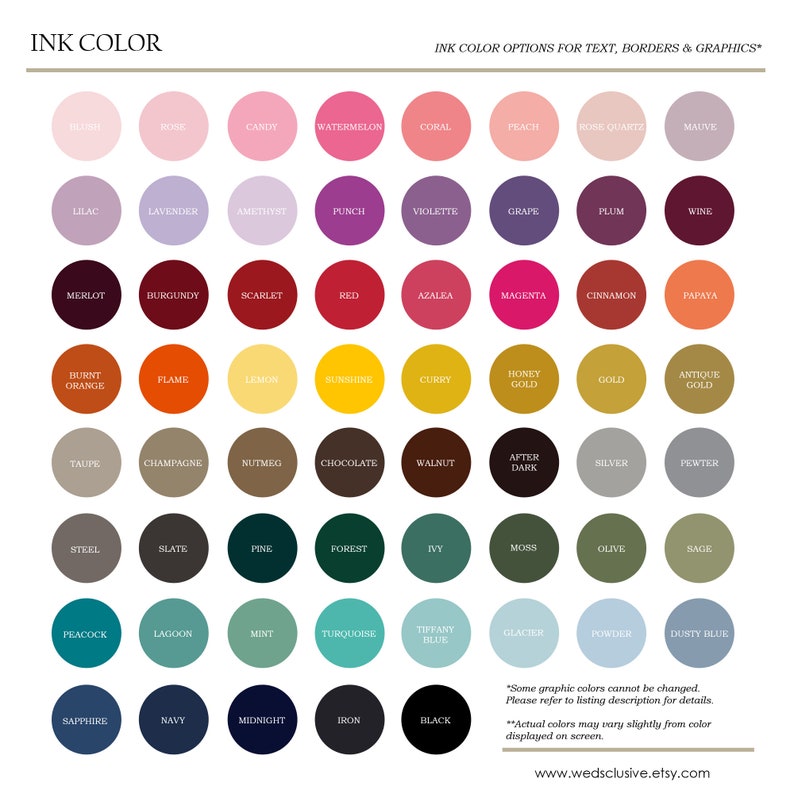 May include: A chart displaying 60 ink colour options for text, borders, and graphics. The colours are arranged in rows and columns, with each colour represented by a circle. The colours include shades of red, orange, yellow, green, blue, purple, pink, brown, and grey.