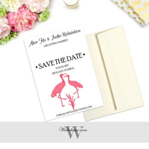 Save the Date Cards, Crane Wedding Announcements, Modern Save the Dates, Pink Birds Save the Dates