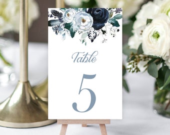 Wedding Table Numbers, Navy and Grey Watercolor Floral Table Number Cards, Printed Table Numbers, Wedding Table Decor