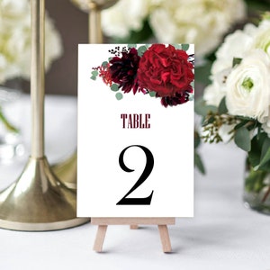 Numéros de table de mariage, Cartes de numéros de table florales à l’aquarelle rustique Bourgogne, numéros de table imprimés, décor de table de mariage