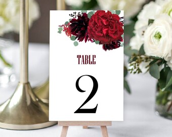 Wedding Table Numbers, Rustic Burgundy Watercolor Floral Table Number Cards, Printed Table Numbers, Wedding Table Decor