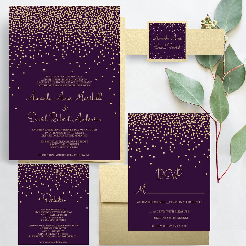 Gold and Purple Confetti Wedding Invitation Suite Glitterry Etsy Canada