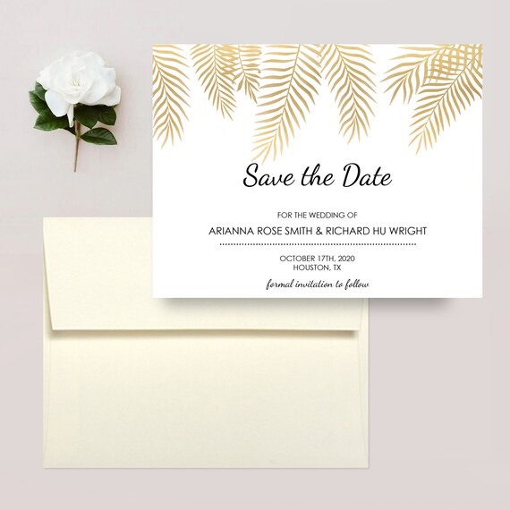 Beach Wedding Save The Date Magnets Gold Palm Leaves Save The Etsy