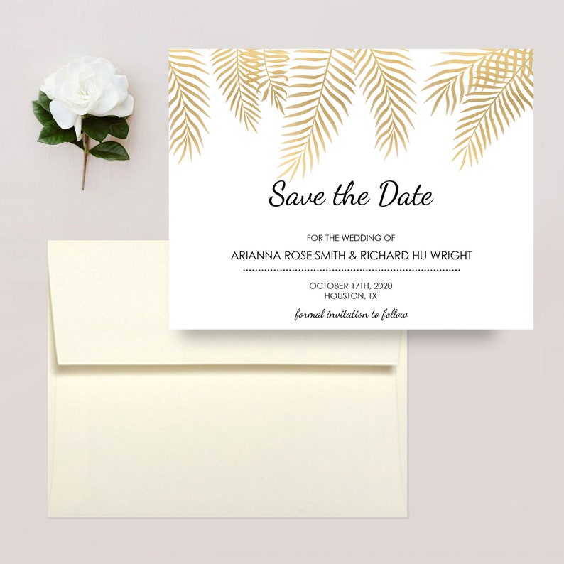 Beach Wedding Save The Date Magnets Gold Palm Leaves Save The Etsy