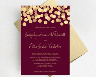 Burgundy and Gold Wedding Invitations, Gold Glitter Confetti Invites, Marsala Wedding Invitation Set - DEPOSIT