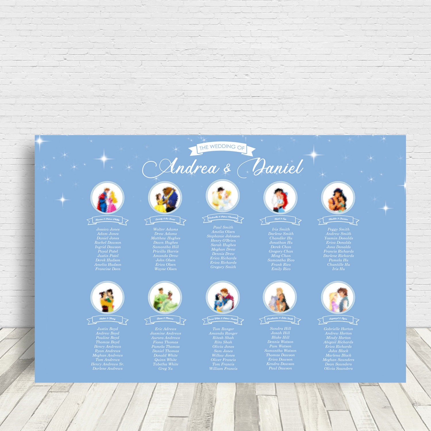 結婚式の座席表ポスター、ディズニーキャラクターカップルの座席表、おとぎ話の結婚式のテーブルプラン - 20x30インチ - Etsy 日本, image size:1500x1500