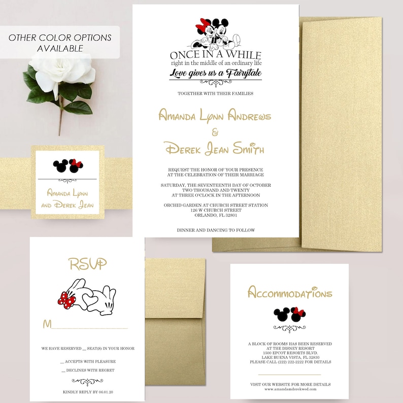 Mickey and Minnie Mouse Wedding Invitations, Mickey and Minnie Invite, Disney Invitation, Fairytale Wedding, Dusty Rose Invites immagine 5