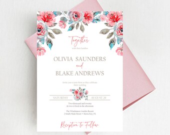 Rustic Pink and Grey Floral Wedding Invitation Suite, Romantic Boho Watercolor Wedding Invitations, Printed Invites